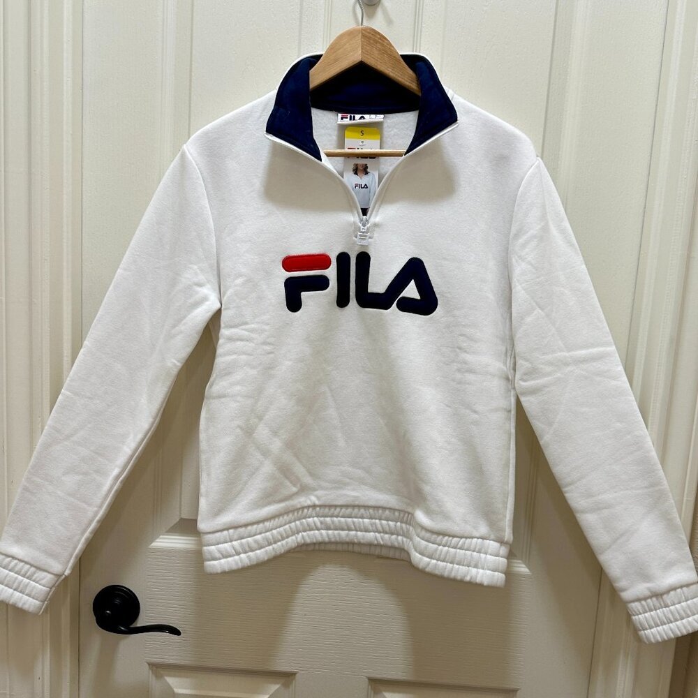 Fila Women's Fleece Pullover Sweatshirt Size S White With Blue Activewear Retro